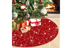 WUPIOS Red Tree Skirt Christmas Sequin Tree Skirt 48 Inch Large Velvet Christmas Tree Skirts Glitter Xmas Tree Collar Christmas Tree Mat Base Christmas Skirt for 6FT Christmas Tree Decorations Red
