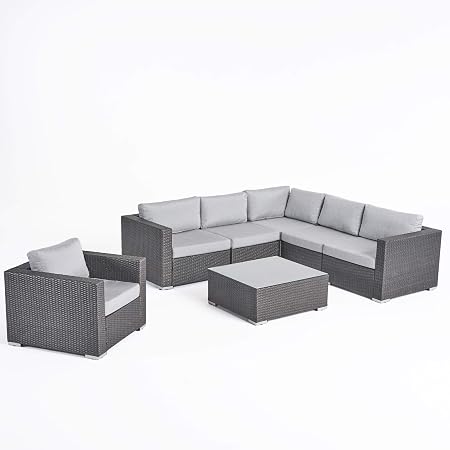 Amazon Com Great Deal Furniture Kyra Outdoor 6 Seater Wicker Sectional Sofa Set With Sunbrella Cushions Gray And Sunbrella Canvas Granite Garden Outdoor