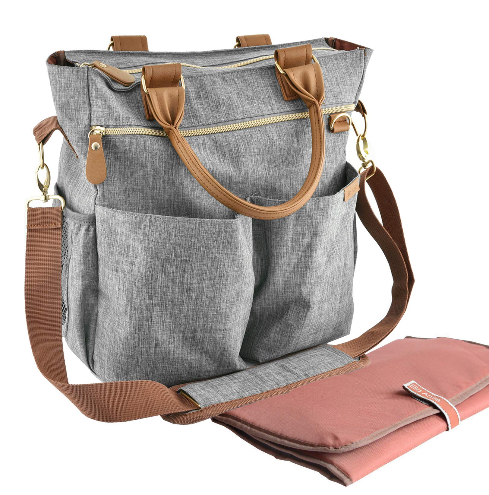 Ella Amie Baby changing bag with changing mat diaper bag - hospital maternity - large travel nappy bag - grey