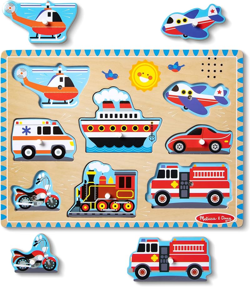 Melissa & Doug Vehicles Sound Puzzle Wooden Peg Puzzle 8 pcs Spin Master