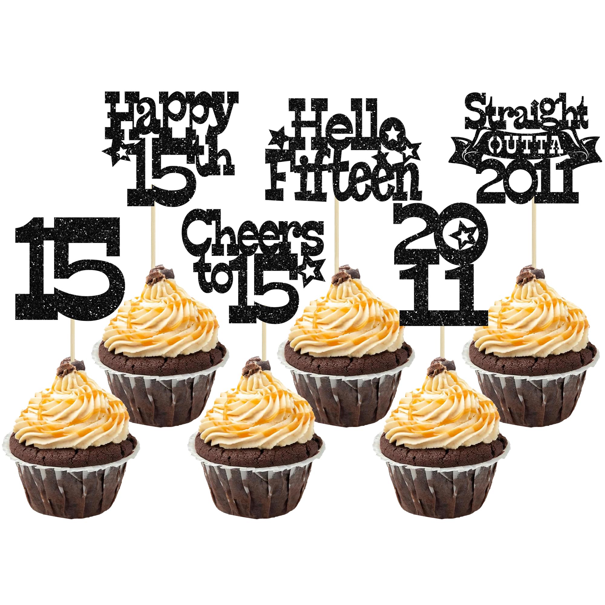 Ephlyn 30Pcs Straight Outta 2011 Cupcake Toppers Glitter Fifteen Happy 15th Birthday Cupcake Picks Cheers to 15 Years Cake Decorations for 15th Birthday Anniversary Party Supplies Black