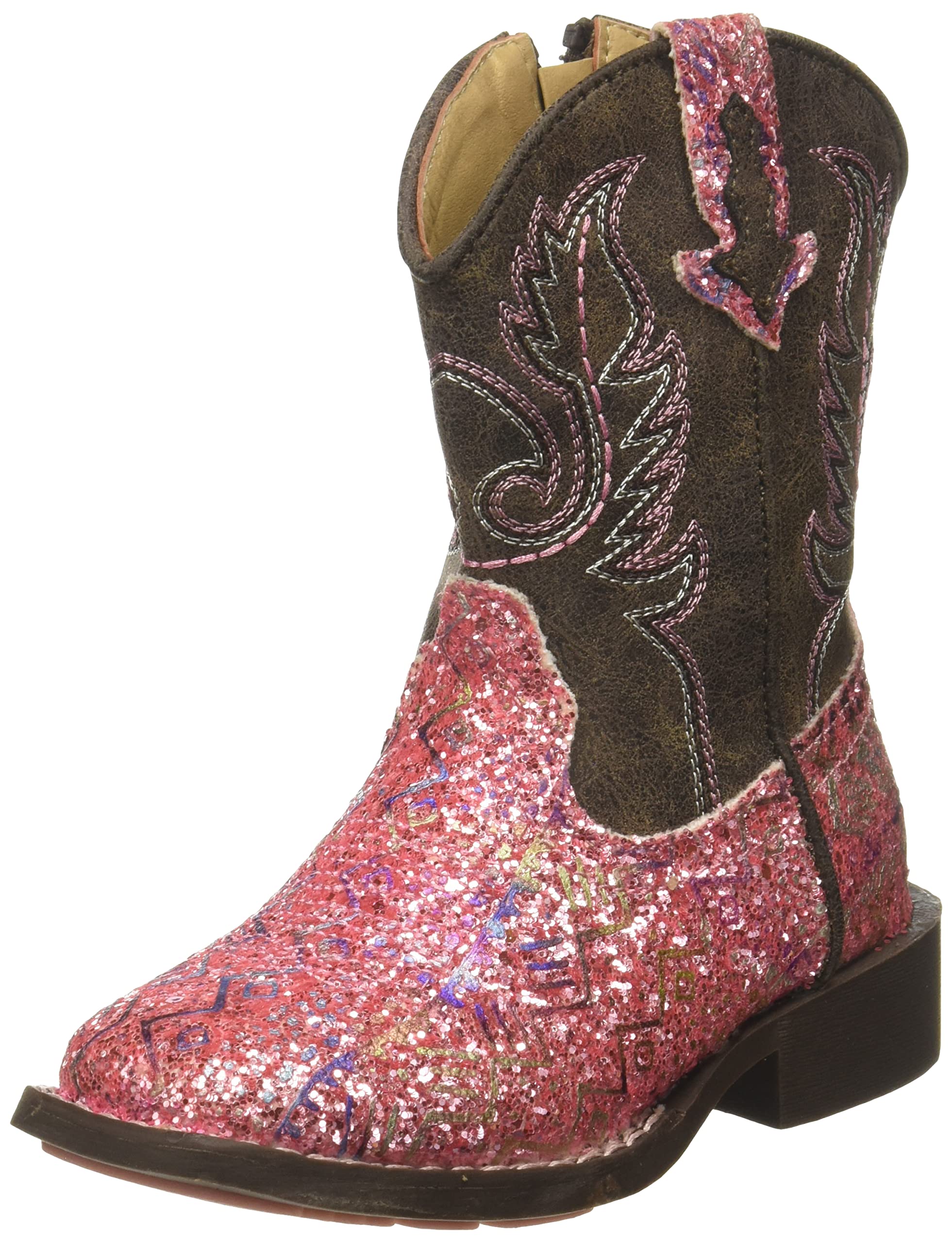 Tin Haul Womens Cowbabies Glitter Aztec Western Boot, Brown, Pink, 1 Infant US Image