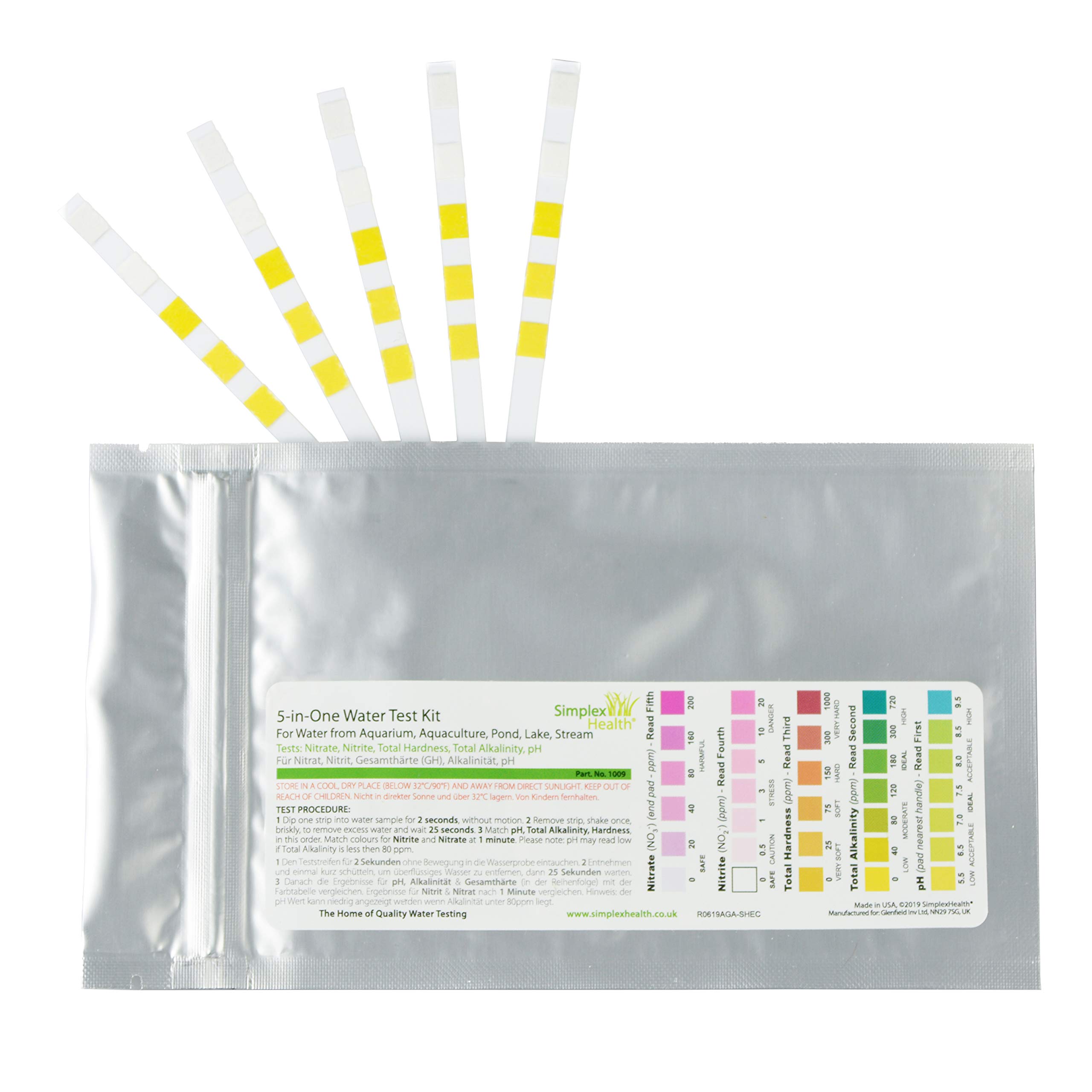 Home Water Test Kit 5-in-One (5 Strips) - Drinking Water, ponds, aquariums for Nitrates & Nitrites, Total Hardness, Total Alkalinity and pH