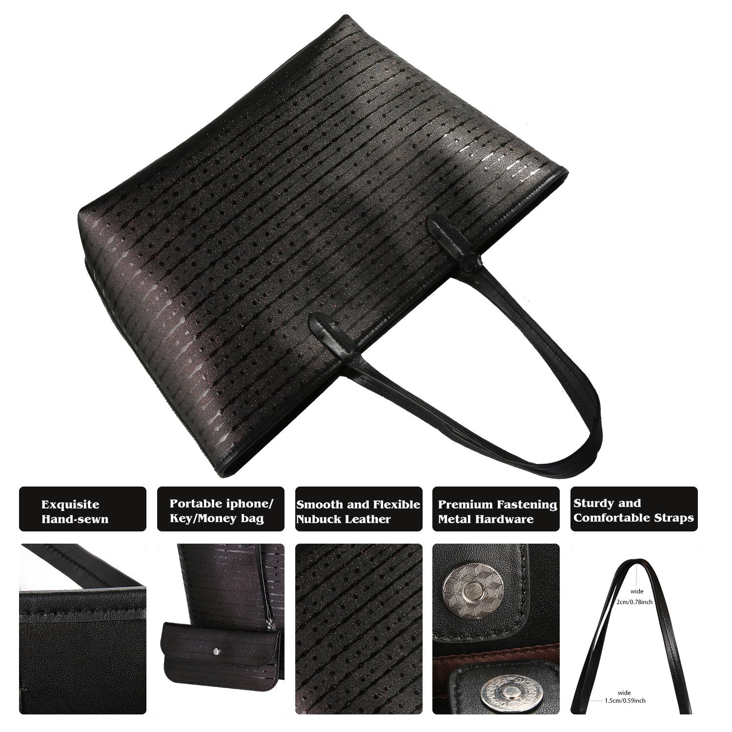 Genuine Leather Tote Bag Caphill Lady Designer Handbags Large Cowhide Shoulder Bags for Women 2 Pieces Shopping Bag Fashion Purse Clutches Bags Black