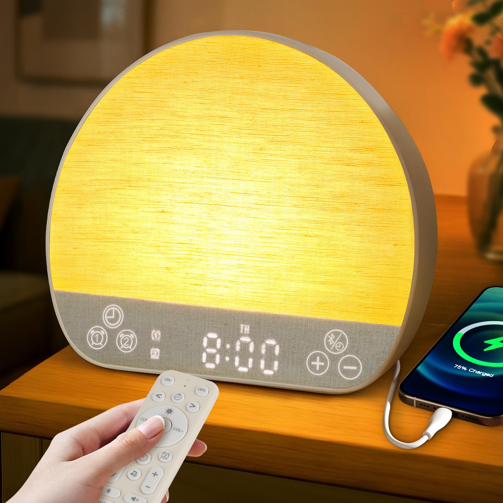 Photo 1 of JONRRYIN Tap Snooze Sunrise Alarm Clock, Wake Up Light Alarm with Remote Control, Bluetooth Speaker & USB Charging, 37 Sounds White Noise Machine, 15 Colors Dimmable Night Light for Heavy Sleepers