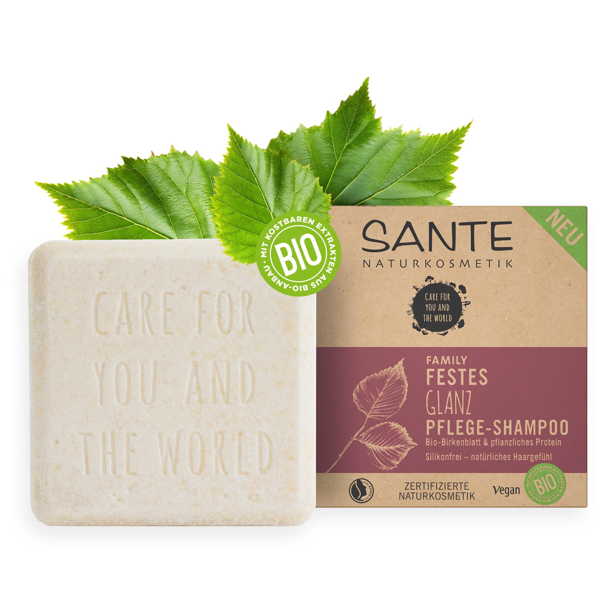 SANTE Naturkosmetik Solid shampoo for dull and normal hair, vegan formula with organic birch leaf and vegetable protein, solid shine care shampoo, 1 x 60 g