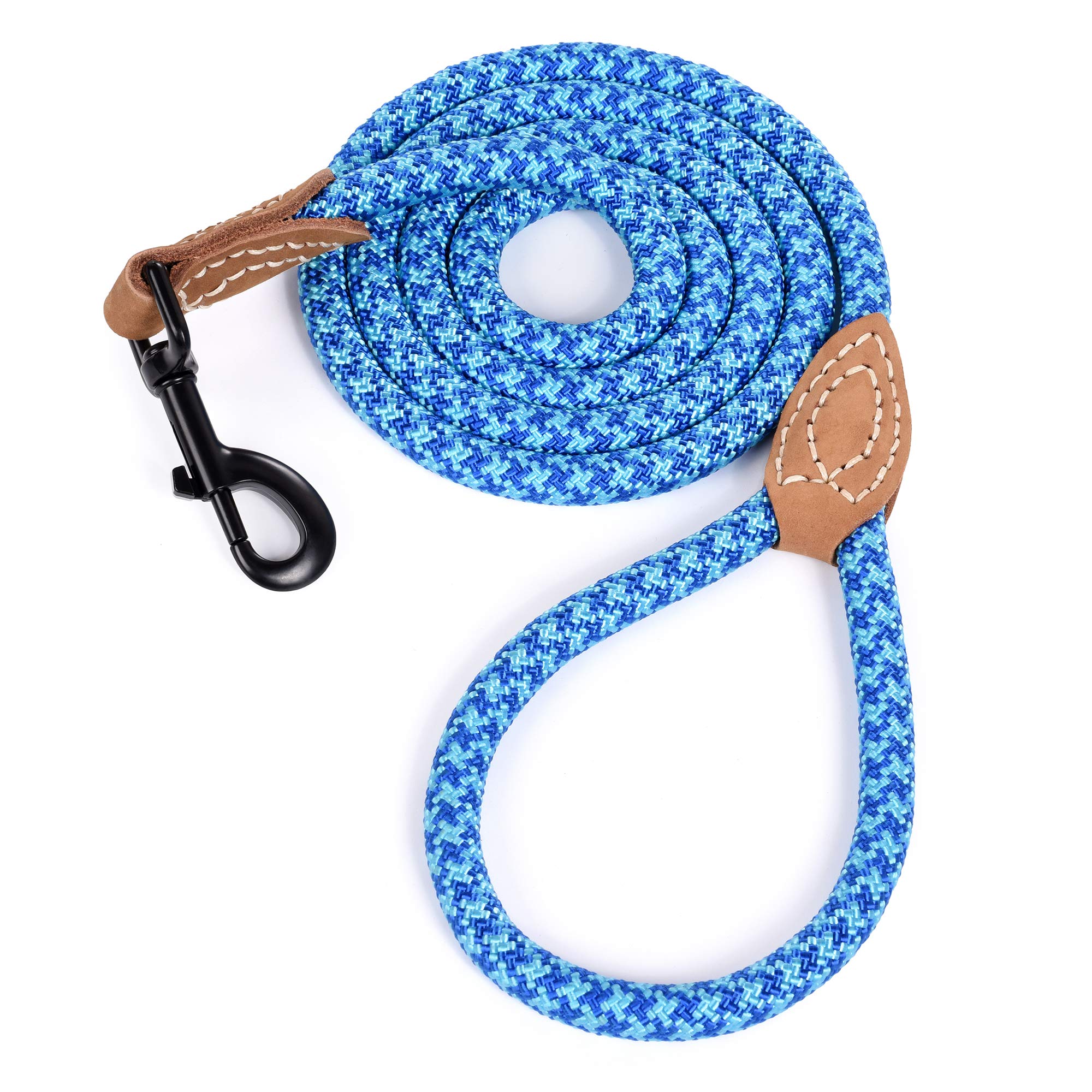 Mile High Life Rope Leash with Genuine Leather Connection, 6 FT/5 FT/4 FT, Heavy Duty Leash for Medium & Large Dogs(Sky Blue,48 Inch-1/2")