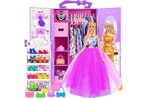ebuddy Doll and Accessories -11.5 Inch Doll with Closet Including-one Girl Doll, 12 Looks, Rack Dress Shoes Hangers Necklace 