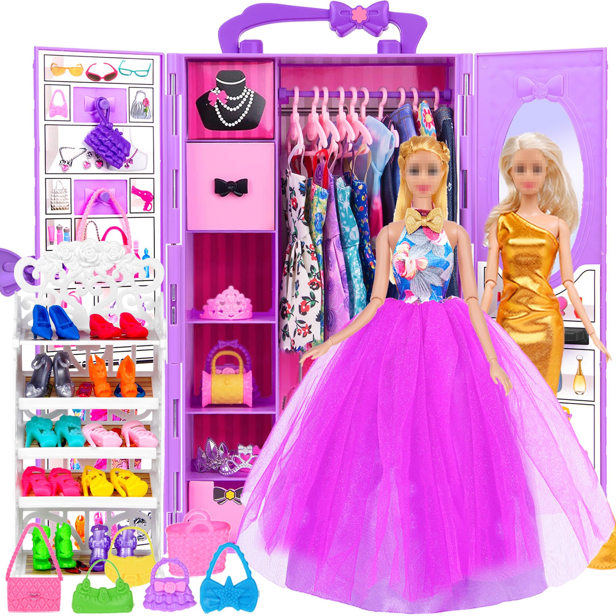 ebuddy 11.5 inch Girl Doll With Doll Closet Clothes and Accessories, Princess Gowns, Fashion Slip Dresses, Outfits, Bikini, Shoes Rack, Hangers Dress up Toys for 3+ Years Old Girls (include doll)