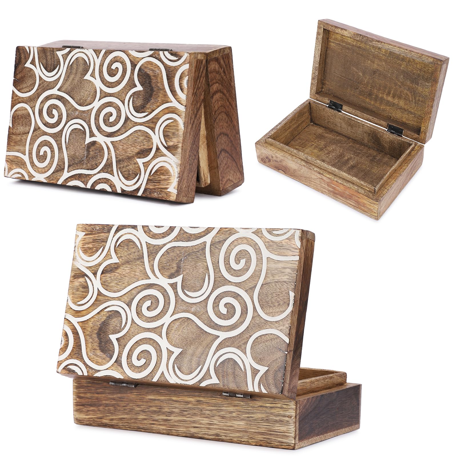 Ajuny Handcrafted Wooden Jewelry Box with Heart Design, Decorative Keepsake Trinket Storage Box for Accessories, Memories, Keepsakes & Small Treasures, Unique Gift Box, 8x5 Inch