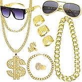 CHTRYTOM 90s Hip Hop 80s Costumes Outfit Kit for Men Women Fake Gold Chain Necklace Dollar Sign Jewelry Rapper Accessories