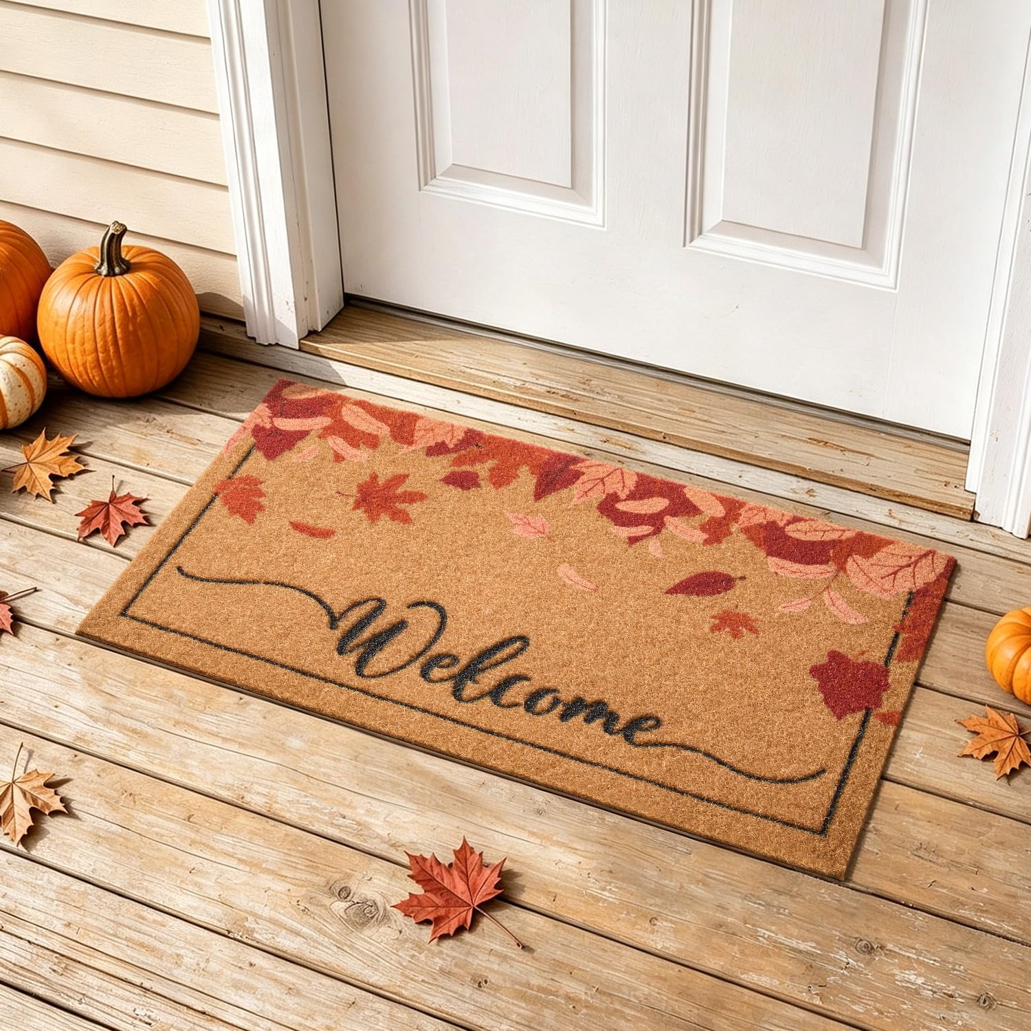TYUU Fall Door Mat, Welcome Mat for Outdoor Entrance Maple Leaf 17" x 30" | Autumn Outdoor Doormats Dirt Trapper with Non Sli