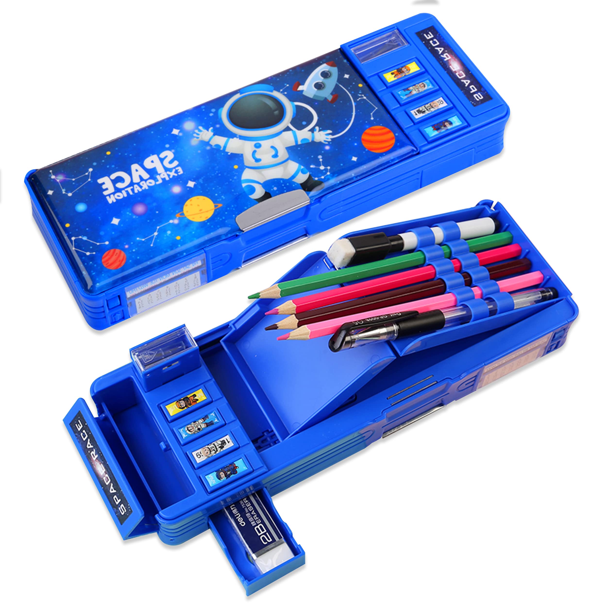 Photo 1 of Pop Up Multifunction Pencil Case for Boys(NO LOCK), Cute Cartoon Pen Box Organizer Stationery with Sharpener, Schedule, Whiteboard, School Supplies, Best Birthday Gifts for Kids Teens-Blue