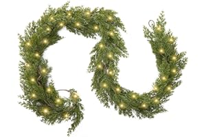 NOICLUB 9 Ft Real Touch Cedar Garland with Lights for Mantle Table Setting Fireplace, Outdoor Indoor Artificial Greenery Christmas Garland for Staircase Front Door Porch Wall Home Decoration