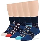 7BIGSTARS KINGDOM Men's Diabetic Extra Wide Fashion Cotton Quarter Socks - 5 Pack - Geometric, Stirpe, Dot Pattern- Sock Size 10-13 Shoe Size 9-12 L Navy Blue, Denim Blue, Orange