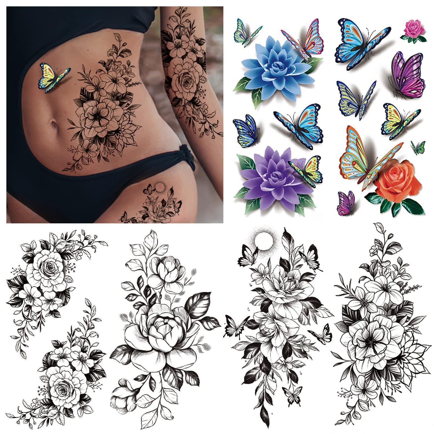 Acevegue Fake Tattoos for Women, 12 Sheets 3D Temporary Tattoos with Black Rose Flowers Butterfly Tattoo Stickers Kits, Neck Arm Hands Face Transfer Paper Decorations for Girls Women