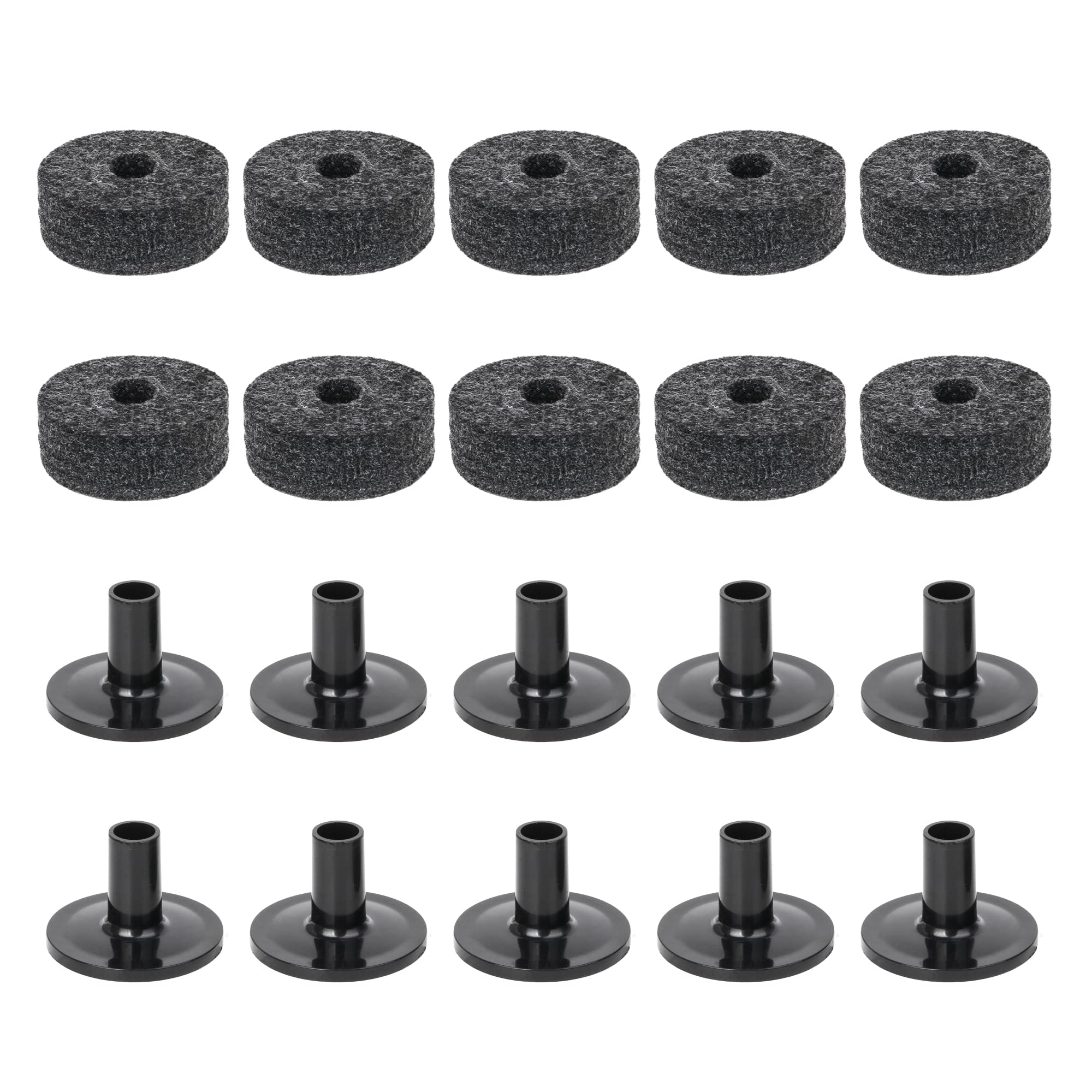 Yibuy Black Drum Set Replacement Parts 15mm Thick Felt Washers + Plastic Long Flanged Cymbal Sleeves Pack of 10
