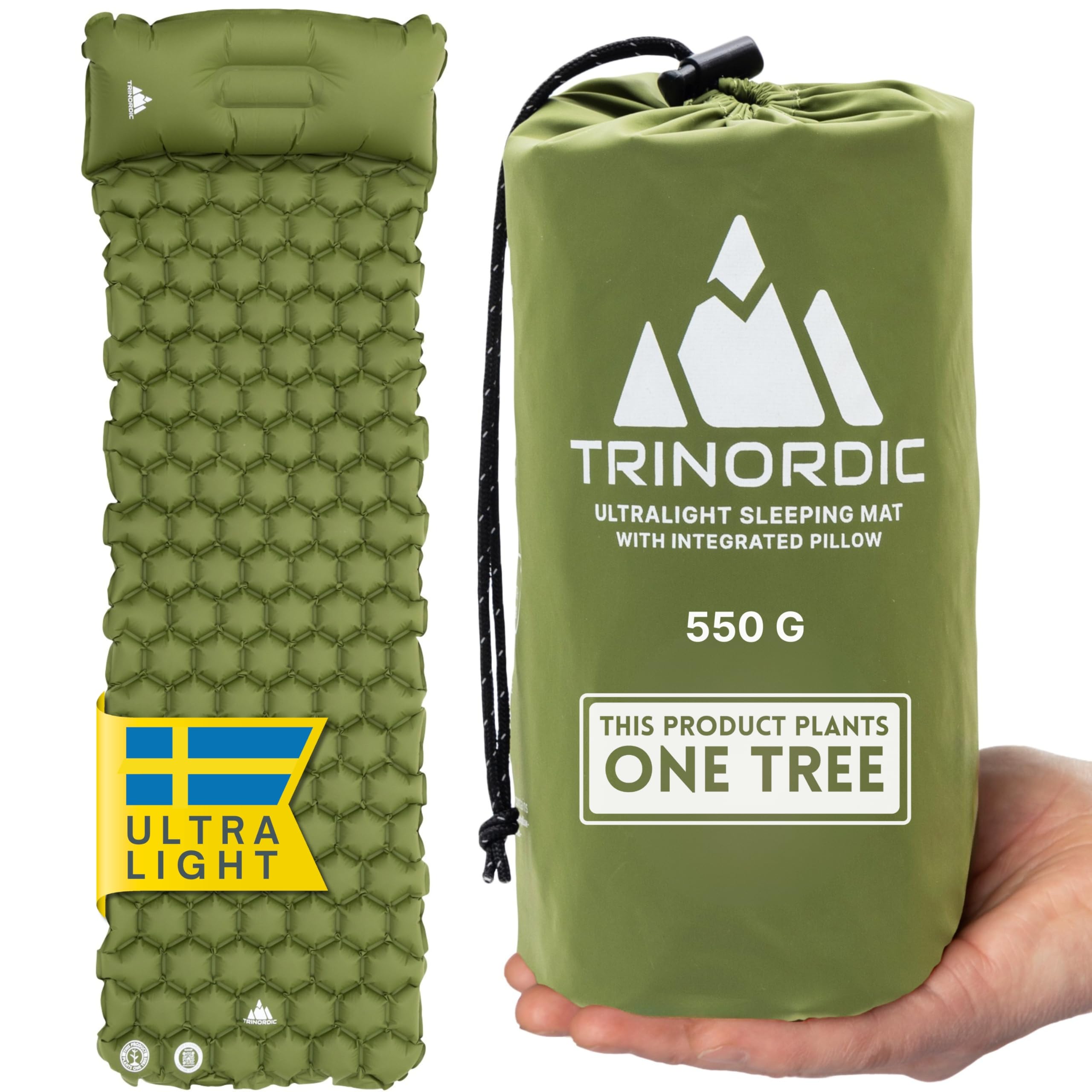 TRINORDIC Ultralight Inflatable Camping Mat - With Integrated Pillow – Lightweight (0.55kg) and Compact Outdoor Sleeping Mat for Hiking and Bikepacking