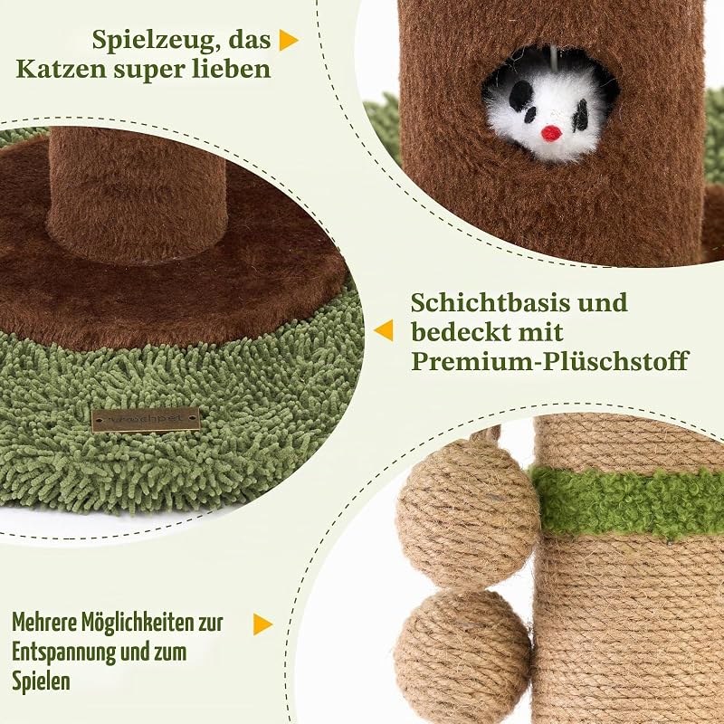 Kratzbaum mit Sisalseil für Indoor-Katzen, Palmen-Kratzbäume, Pflanzenkratzbaum, interaktiver Ball und Maus, Katzenspielzeug für Erwachsene Katzen und Kätzchen, 89 cm hoch, Grün