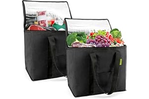 BeeGreen 2 Packs Black Insulated Grocery Bags Collapsible Shopping Cooler Tote Bag with Zipper for Hot Cold Frozen Food Transport X-Large 60LBS Reusable Durable Long Handles Stands Upright