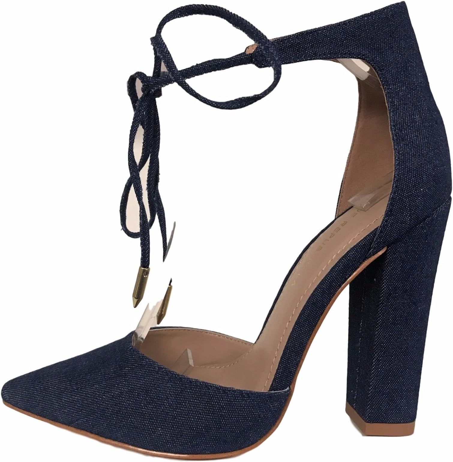 Shoe Republic Shelly Pointy Toe Ankle Tie Around Block High Heel Sandal Pump Shoe Denim Dark Blue