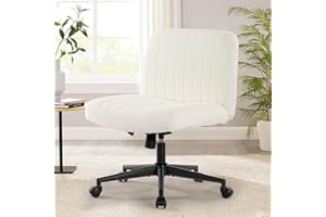Armless Wide Office Chair with Wheels Crossleg Office Chair 120° Rocking Mid Back White Sherpa Ergonomic Computer Task Chairs