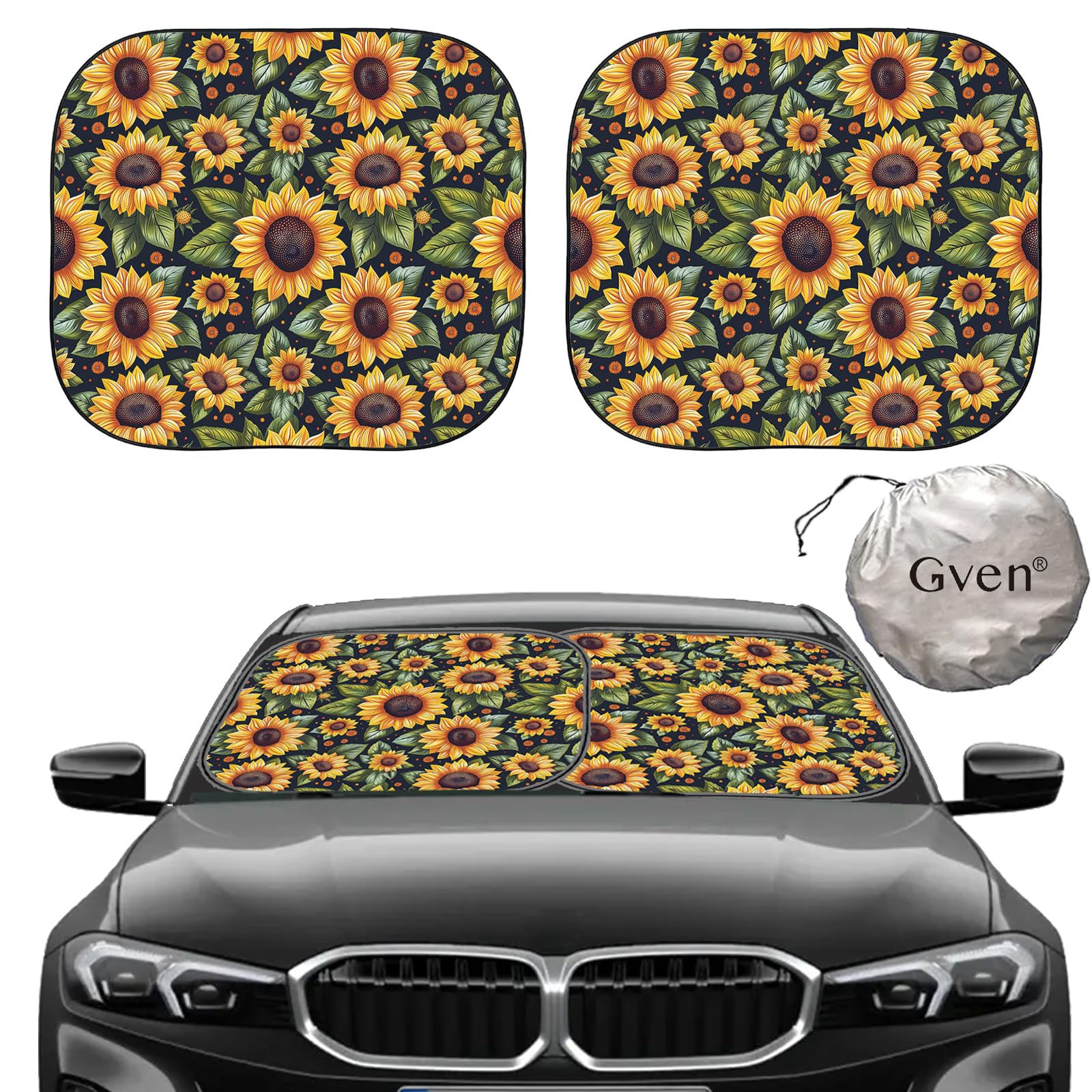 Photo 1 of Gven Windshield Sun Shade 2pcs with Bonus Car Sunshade for Front Window Shades 2025 Technology Reflect UV and Heat Sun Visor Automotive Interior Sun Protection (Sunflower, M)