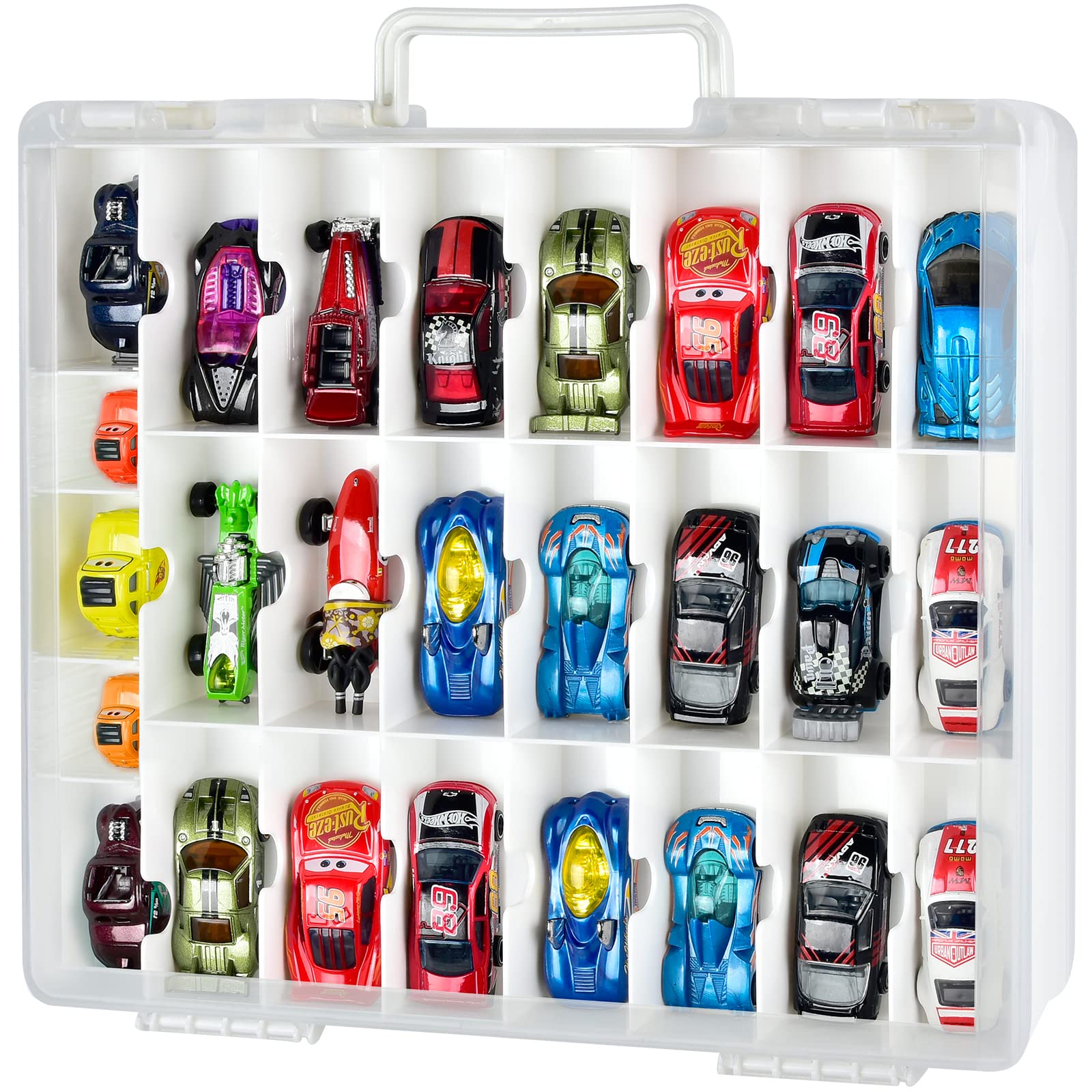 FULLCASE Toys Organizer Storage Compatible with Hot Wheels Car, Container for Matchbox Cars, Mini Toy, Small Dolls, Double Sided Carrying Box for Hotwheels - 48 Compartments (Case Only) White