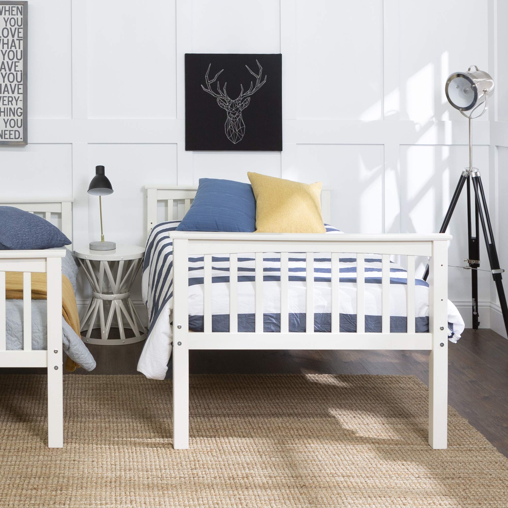 Walker Edison Furniture Company Wood Twin Bunk Kids Bed Bedroom with Guard Rail and Ladder Easy Assembly, White