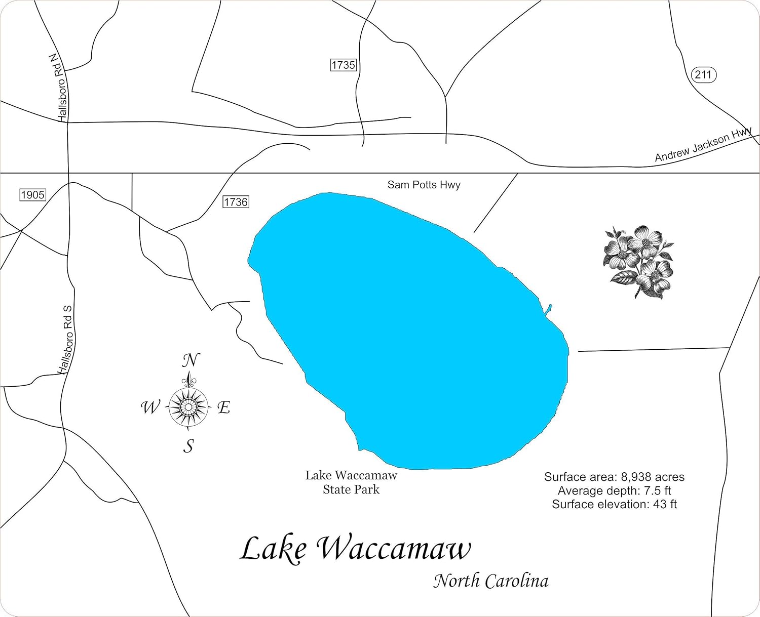 Lake Waccamaw North Carolina Framed Wood Map Wall Hanging
