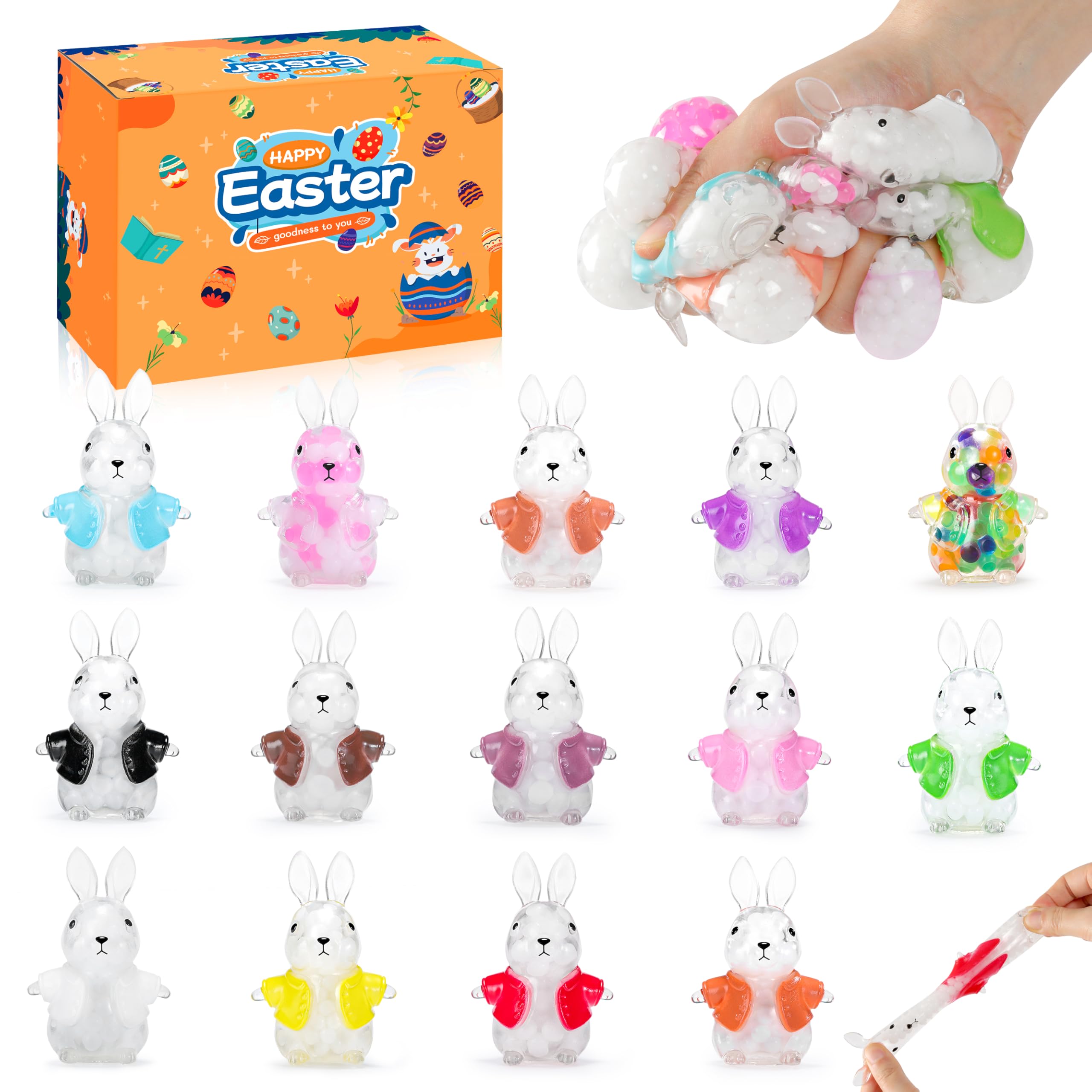 Easter Egg Fillers for Kids, Easter Squishies Bunny Stress Balls for Kids Adults, Easter Egg Stuffers, Bunny Squishy Toys Easter Basket Stuffers Party Favors & Gifts(14PCS)