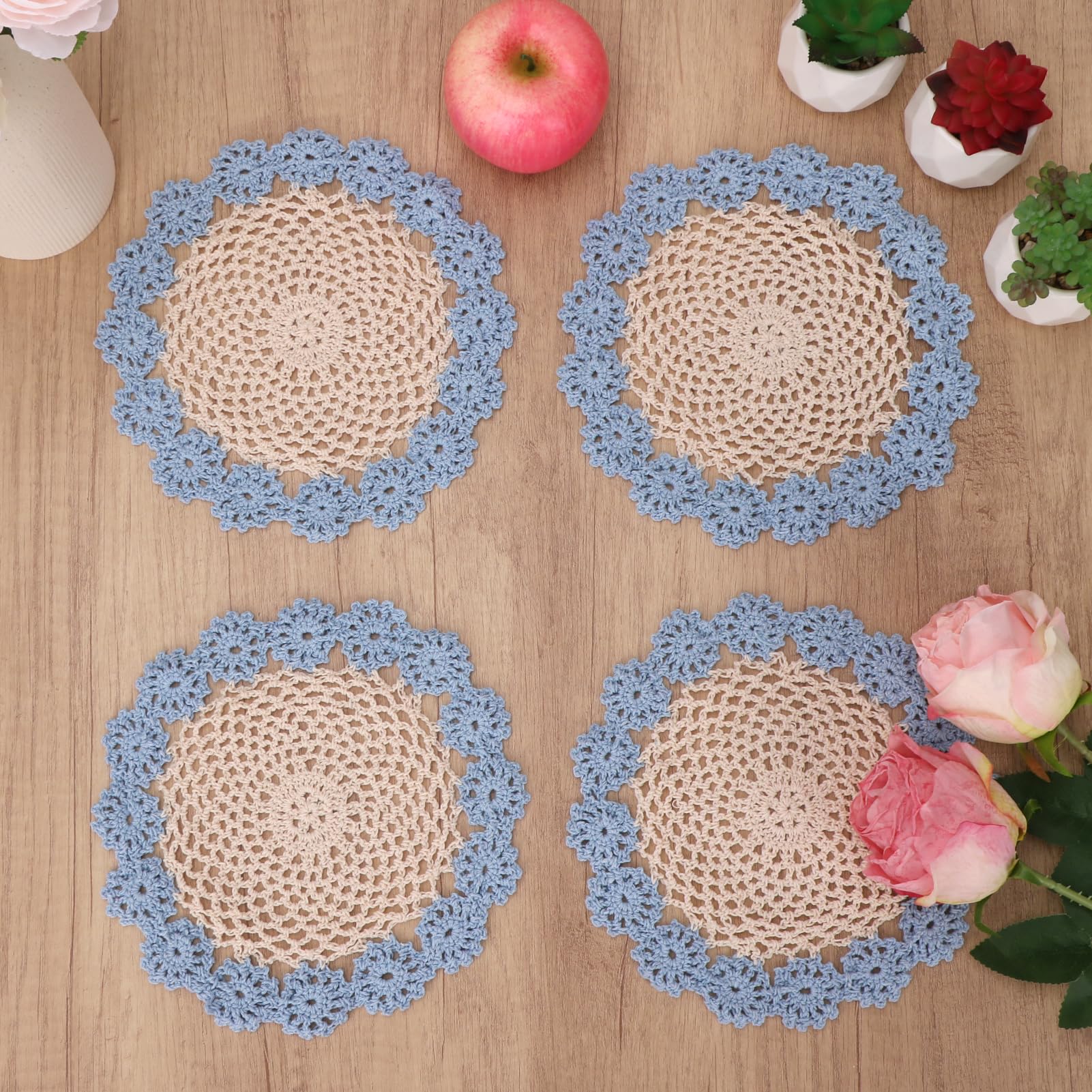 kilofly Crochet Cotton Lace Table Placemats Doilies Pack, 4pc, Blue and Beige, 7 inch