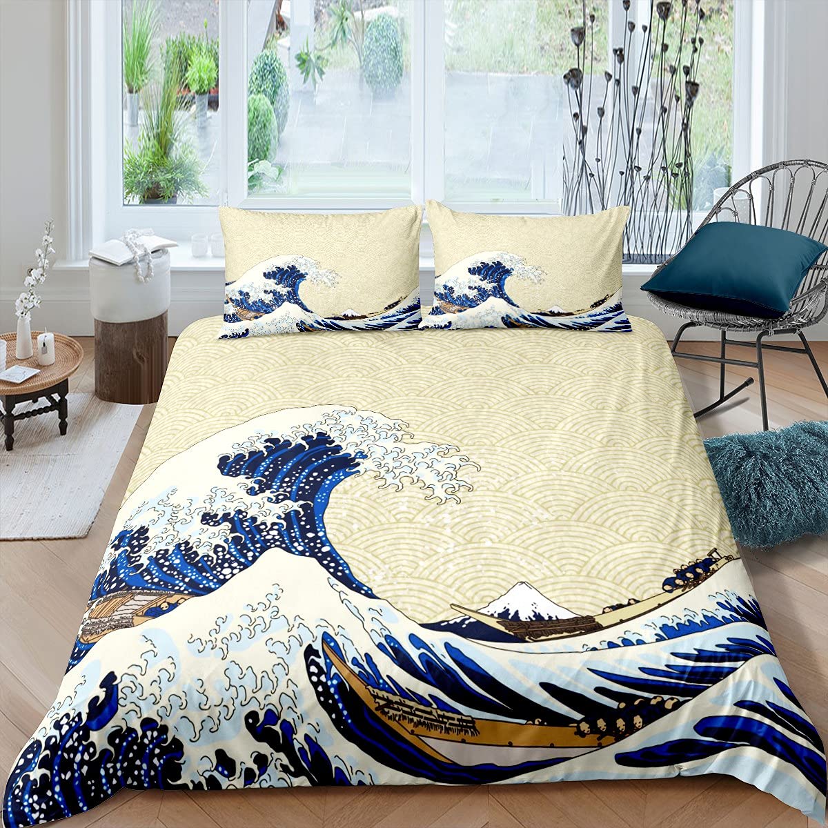 Double,Wave Duvet Cover for Kids Teens Adults,Sea Ocean Waves Nautical Bedding Set,Hand Drawn Japanese Style Motifs Illustration Ukiyoe Themed Bedroom Decor Comforter Cover with 2 Pillowcases — image 1