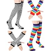 Syhood 2 Set Womens Rainbow Striped Knee High Socks Arm Warmer Fingerless Gloves Set for Girls Women Mardi Gras Themed Party