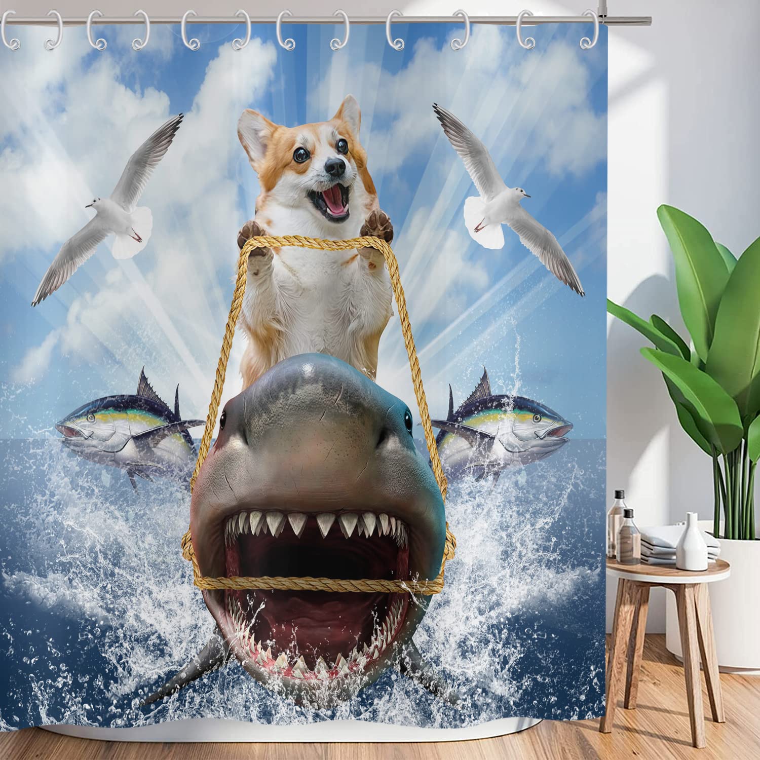 ASDCXZ Funny Shower Curtain 180x180 cm, Waterproof Fabric Shower Curtains, Funny Dog Ride Shark Ocean Adventure Outdoor Washable Polyester Bathroom Curtain with 12 Hooks