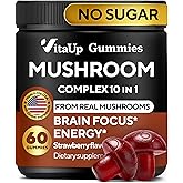 VitaUp Mushroom Gummies for Adults - USA Made 10 in 1 Mushroom Supplement - Mushroom Complex with Lions Mane, Cordyceps, Turkey Tail, Reishi, Shiitake for Cognitive & Immune Support - 60 Count