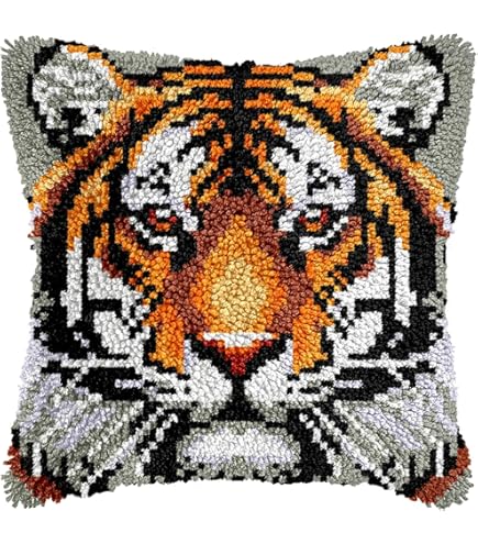 Lion Latch Hook Pillow Kit - 17x17 Inch DIY Craft Kit With Pre-Printed Canvas & Yarn