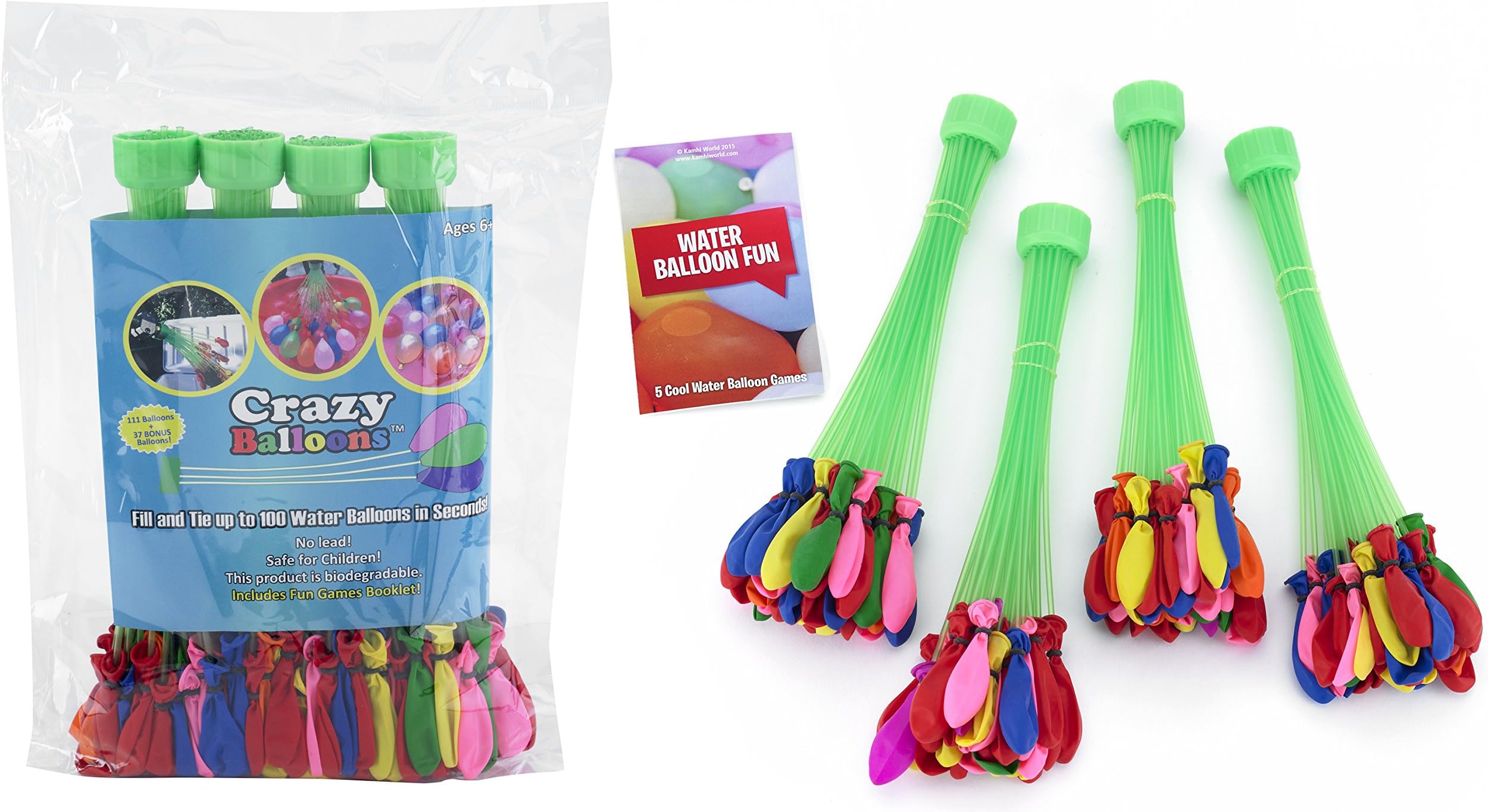 Crazy Balloons(tm) Fills & Ties 148 Self-Sealing Water Balloons in a Minute- Fills Bigger, Pops Better Than Any Other Brand- Hose Attachment Filler Makes a Bunch FAST-Bonus Water Fight Games Booklet