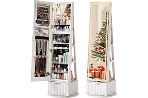 Joaxswe Fluted 360° Swivel Jewelry Armoire Cabinet Standing with Full Length Mirror, Lockable Jewelry Organizers and Drawer Storage with 3 Color LED Lights & Interior Mirror Rear Storage Shelves