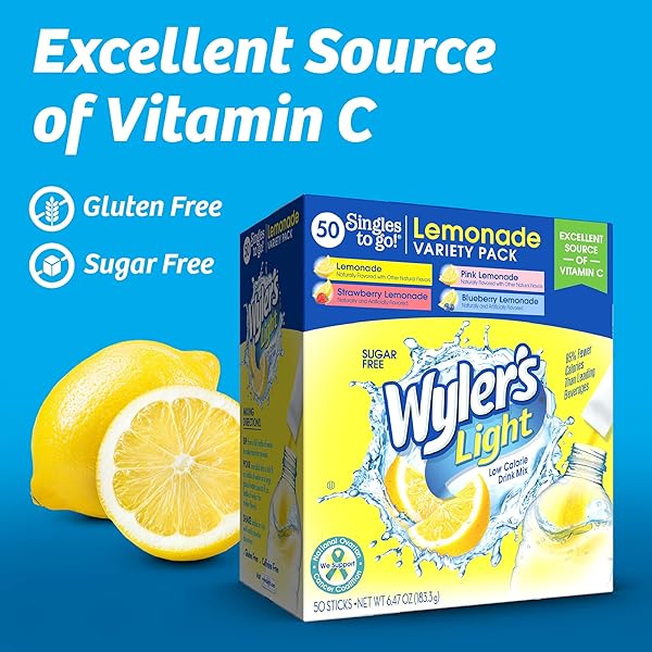 WYLER’S LIGHT LEMONADE VARIETY PACK, 40 CT SINGLES TO GO POWDER PACKETS, WATER DRINK MIX, VARIETY PACK, PINK, STRAWBERRY & BLUEBERRY LEMONADE, SUGAR & CAFFEINE FREE, ON-THE-GO,(PACK OF 1)
