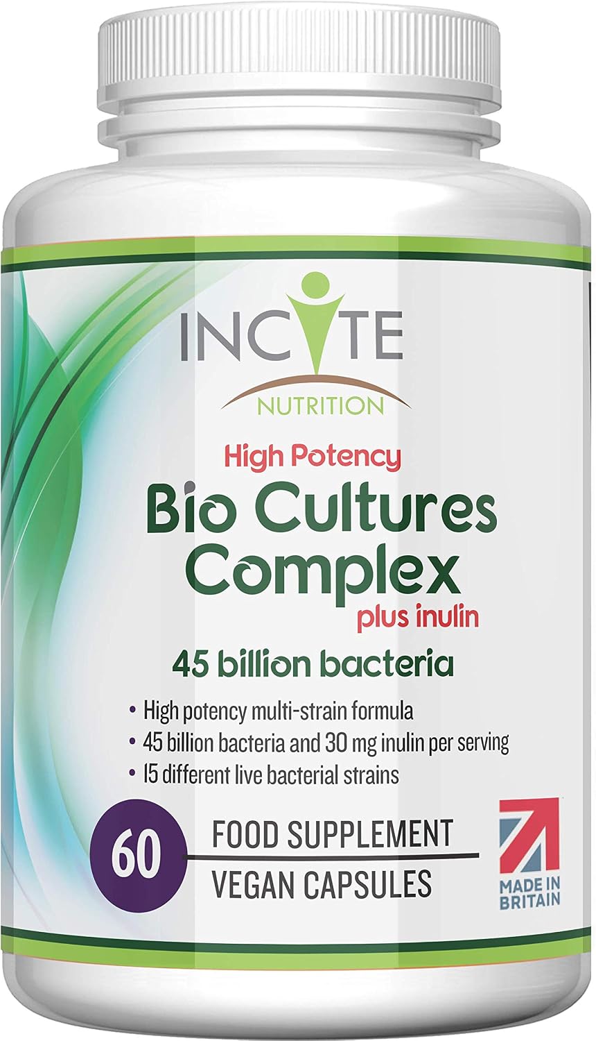 Incite Nutrition Bio Cultures Complex 45 Billion CFU. 1 Month Supply of Prebiotics and Probiotics. 15 Bacterial Strains + Inulin for Digestive Support and Gut Health. Suitable for Vegetarians & Vegans