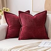 MIULEE Decorative Throw Pillow Covers for Couch Bed Livingroom 18x18 Inch Set of 2 Burgundy Boho Accent Throw Pllows Broadside Striped Patchwork Soft Corduroy Pillowcases