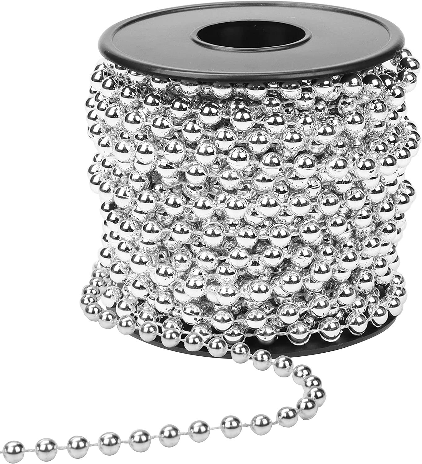 KAHEIGN Christmas Bead Garland, 10m Silver Plastic Beads Chain 8mm Artificial Pearls Strands Xmas Bead Garland Roll for Christmas Tree Holiday Wedding DIY Decoration Supplies