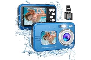 HICSHON Underwater Camera, 4K 48MP Autofocus Waterproof Digital Camera with Selfie HD Dual Screens,11FT 16X Zoom Waterproof Camera with 64GB Card,Fill Light Underwater Camera for Snorkeling
