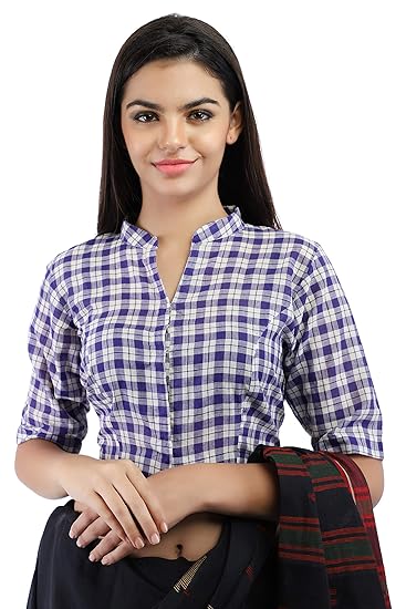 Pure Cotton Handloom Gamcha Checks Blouse in Purple and White Band Collar With Hook Closure on Front