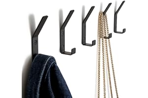 KIBAGA Decorative Coat Hooks For Wall Mount Set of 5 - Stylish and Sturdy Black Metal Double Hooks Are Perfect To Hang Your Jackets, Towels Or Hats - A Modern Addition To Any Farmhouse or Minimal Home Decor