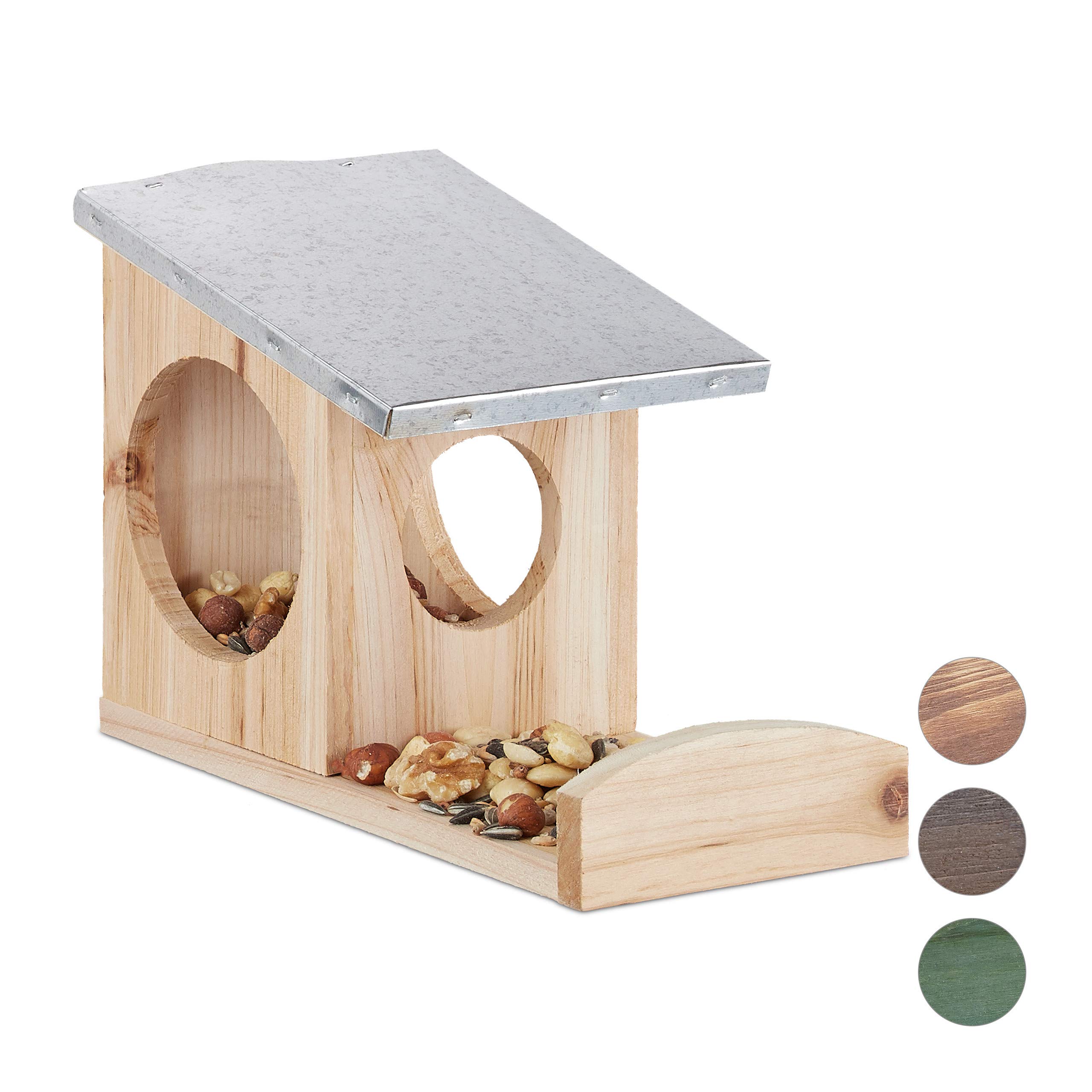 Relaxdays Squirrel Feeder, Wooden House, Weatherproof Metal Roof, Hanging, Garden Feeding Station, Natural