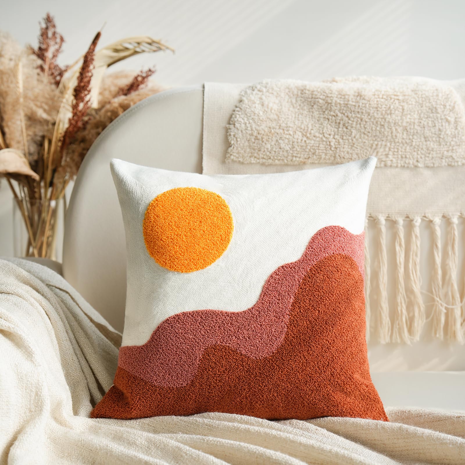 Photo 1 of Smiling Onion Tufted Boho Textured Accent Throw Pillow Covers 18x18,Soft Mid Century Decorative Art Minimalist Geometric Sun Throw Pillowcases for Couch Sofa Bedroom Living Room,1PC