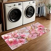 ANNA QUEEN Pink Cherry Blossom Gold Marble Laundry Room Rug Runner 20x47 Inch -Waterproof Non-Slip Floor Mat for Front Load W