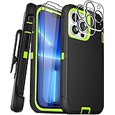 COLDNICE Case for iPhone 13 Pro Max Case 6.7" with Belt Clip Holster Kickstand, 2 Screen Protector & 2 Camera Lens Protector, Heavy Duty Full Body Protection Phone Case(Belt Clip,Black+Green)